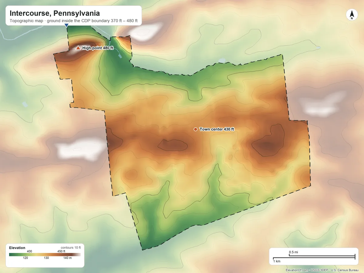 Topographic elevation map of Intercourse, Pennsylvania, shaded from 370 ft on the northwest side to 480 ft on the northwest side