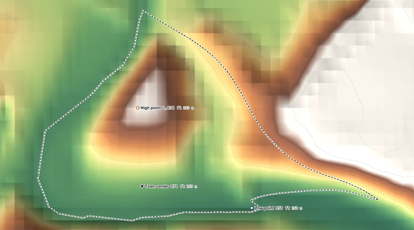 Topographic elevation map of Ironville, Pennsylvania, shaded from 850 ft on the east side to 1,030 ft on the north edge, below higher ground just outside