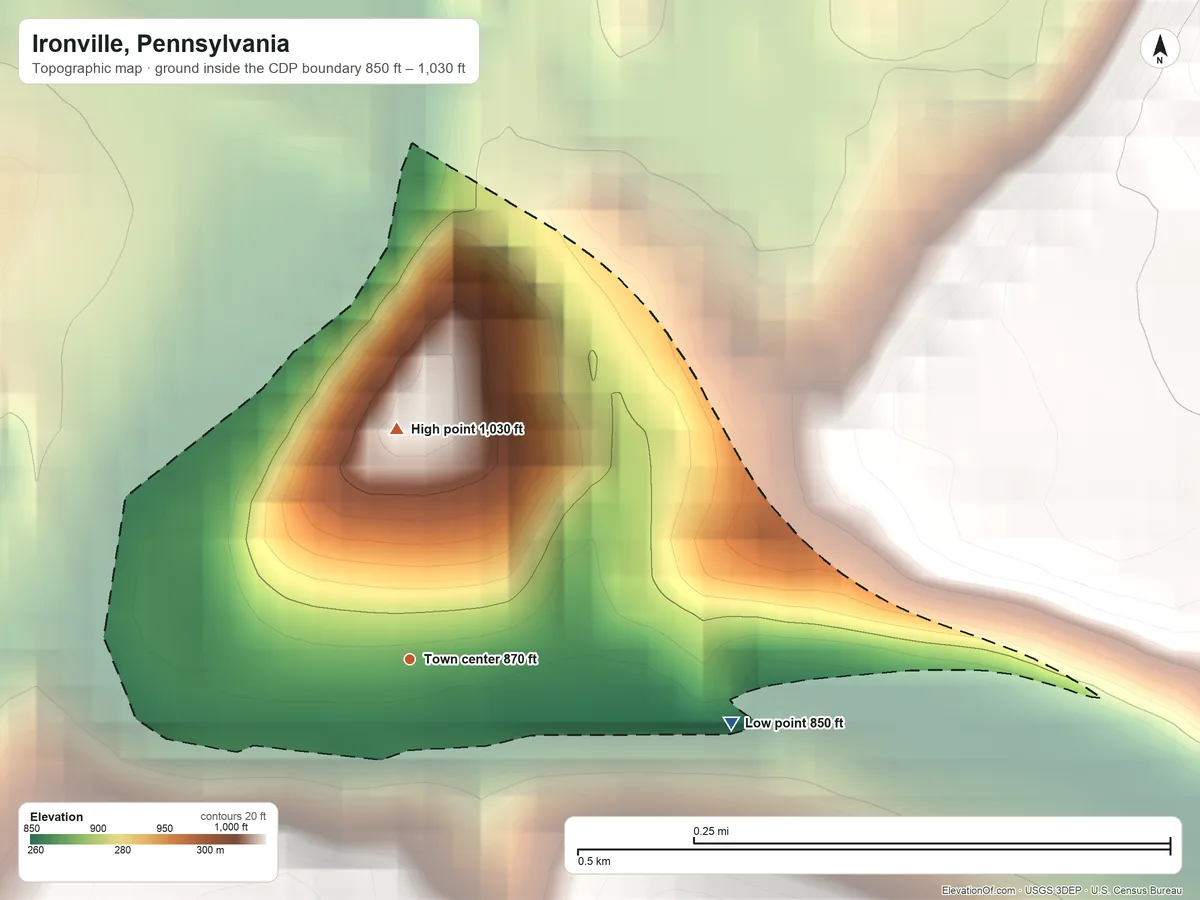 Topographic elevation map of Ironville, Pennsylvania, shaded from 850 ft on the east side to 1,030 ft on the north edge, below higher ground just outside