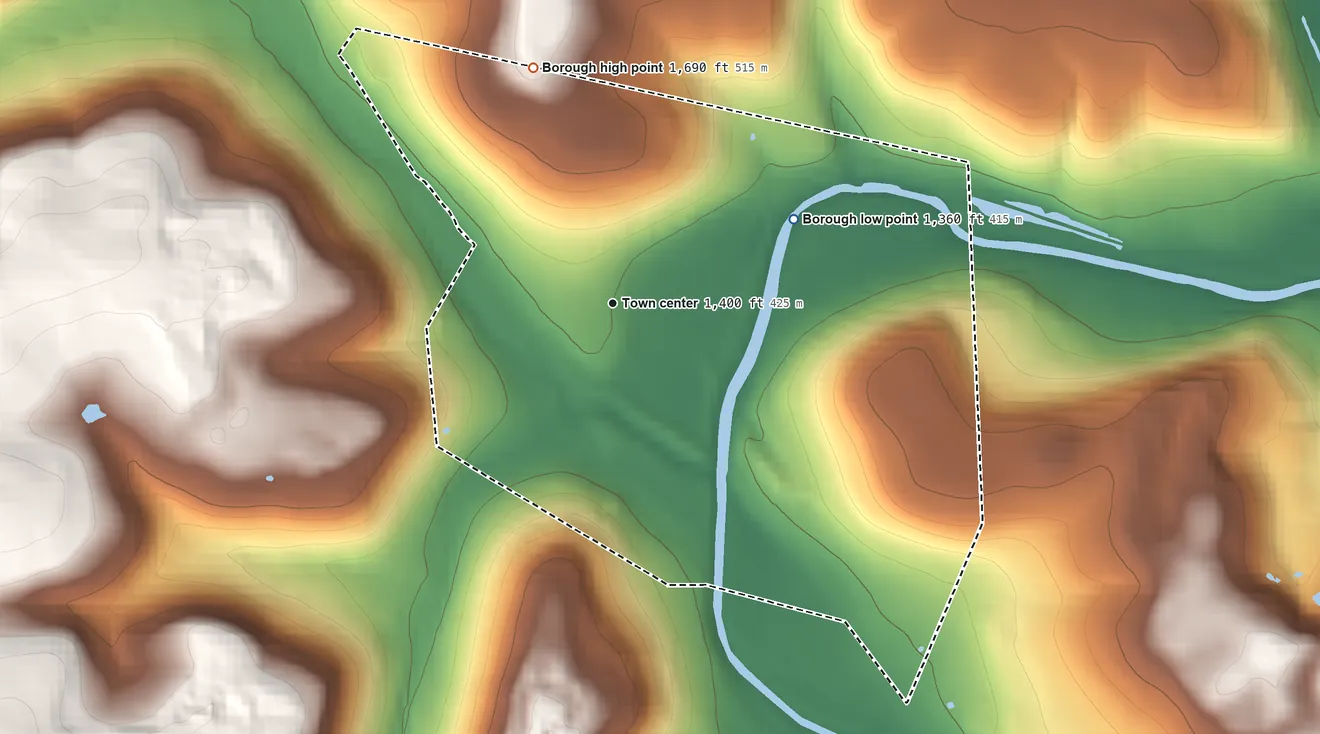 Topographic elevation map of Irvona, Pennsylvania, shaded from 1,360 ft on the northeast side to 1,690 ft on the north side
