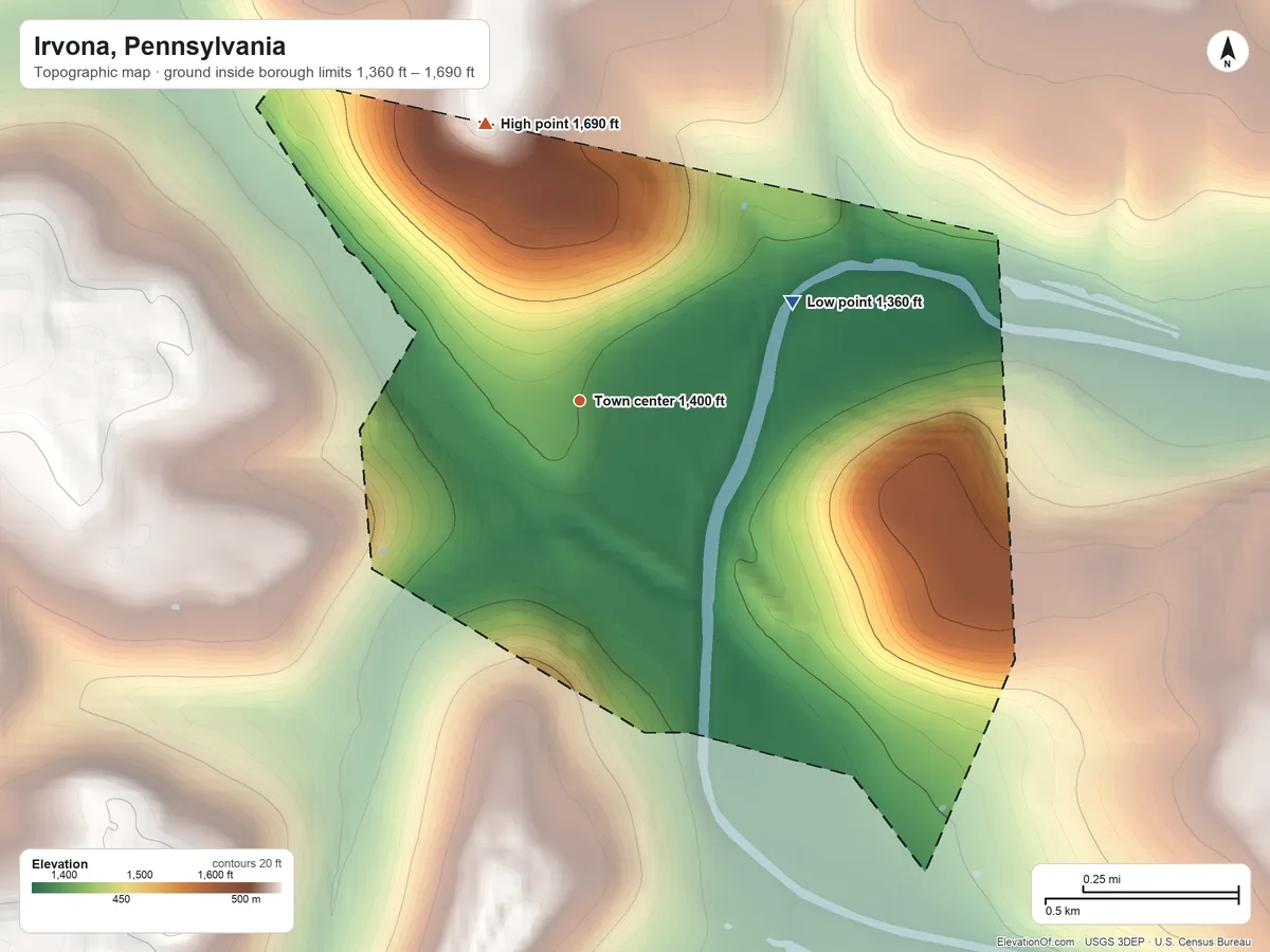 Topographic elevation map of Irvona, Pennsylvania, shaded from 1,360 ft on the northeast side to 1,690 ft on the north side