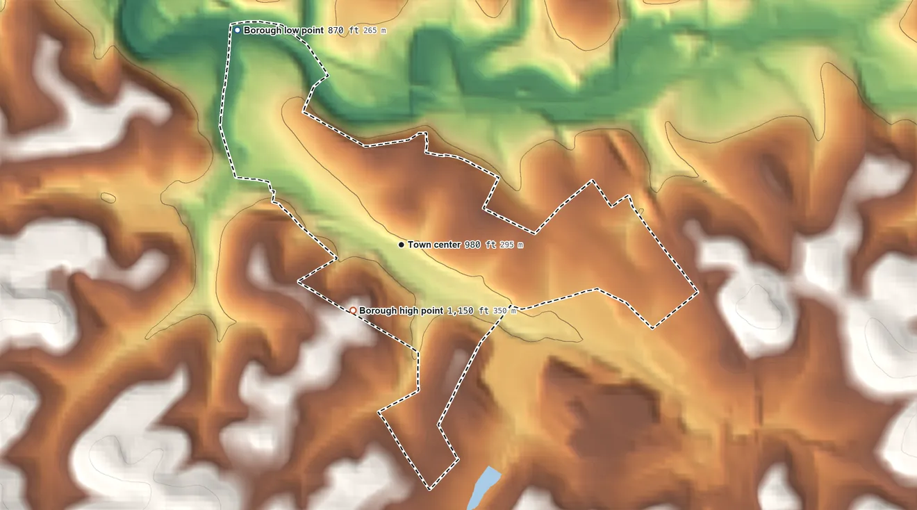 Topographic elevation map of Irwin, Pennsylvania, shaded from 870 ft on the northwest side to 1,150 ft on the southwest side