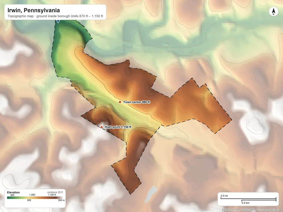 Topographic elevation map of Irwin, Pennsylvania, shaded from 870 ft on the northwest side to 1,150 ft on the southwest side
