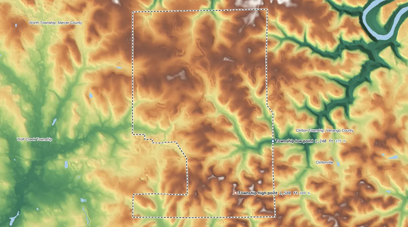 Topographic elevation map of Irwin Township, Pennsylvania, shaded from 1,240 ft on the east side to 1,580 ft on the southeast side