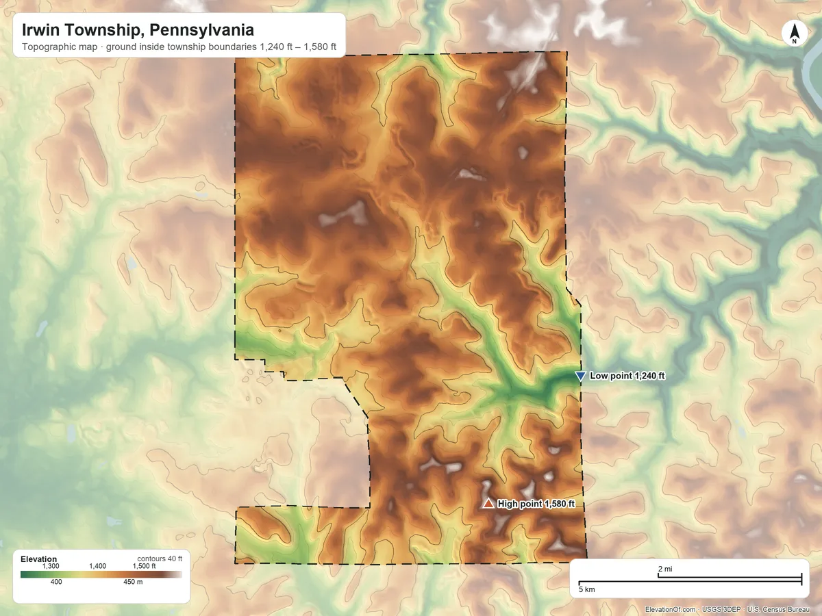 Topographic elevation map of Irwin Township, Pennsylvania, shaded from 1,240 ft on the east side to 1,580 ft on the southeast side