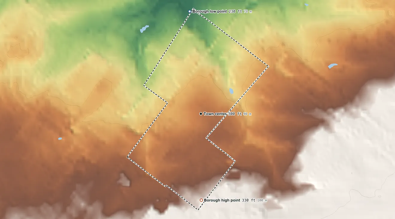 Topographic elevation map of Ivyland, Pennsylvania, shaded from 230 ft on the north side to 330 ft on the south side