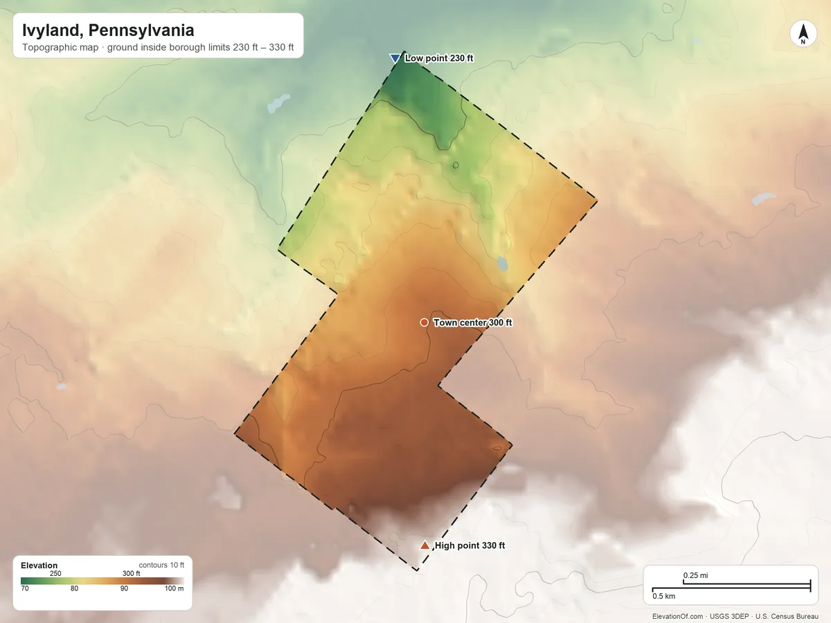Topographic elevation map of Ivyland, Pennsylvania, shaded from 230 ft on the north side to 330 ft on the south side