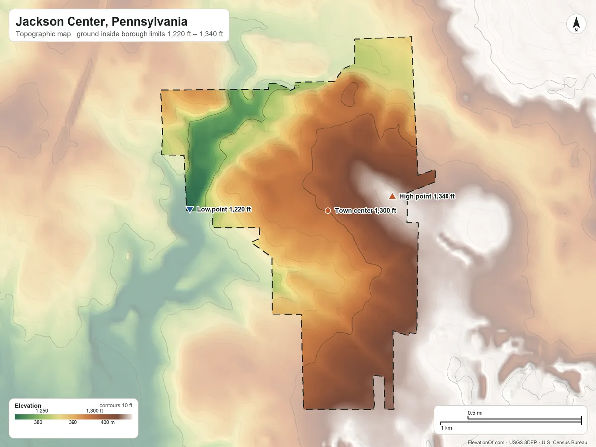 Topographic elevation map of Jackson Center, Pennsylvania, shaded from 1,220 ft on the west side to 1,340 ft on the east side