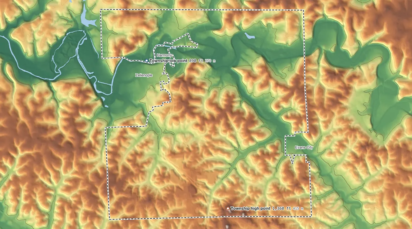 Topographic elevation map of Jackson Township, Butler County, Pennsylvania, shaded from 890 ft on the northwest side to 1,360 ft on the southeast side