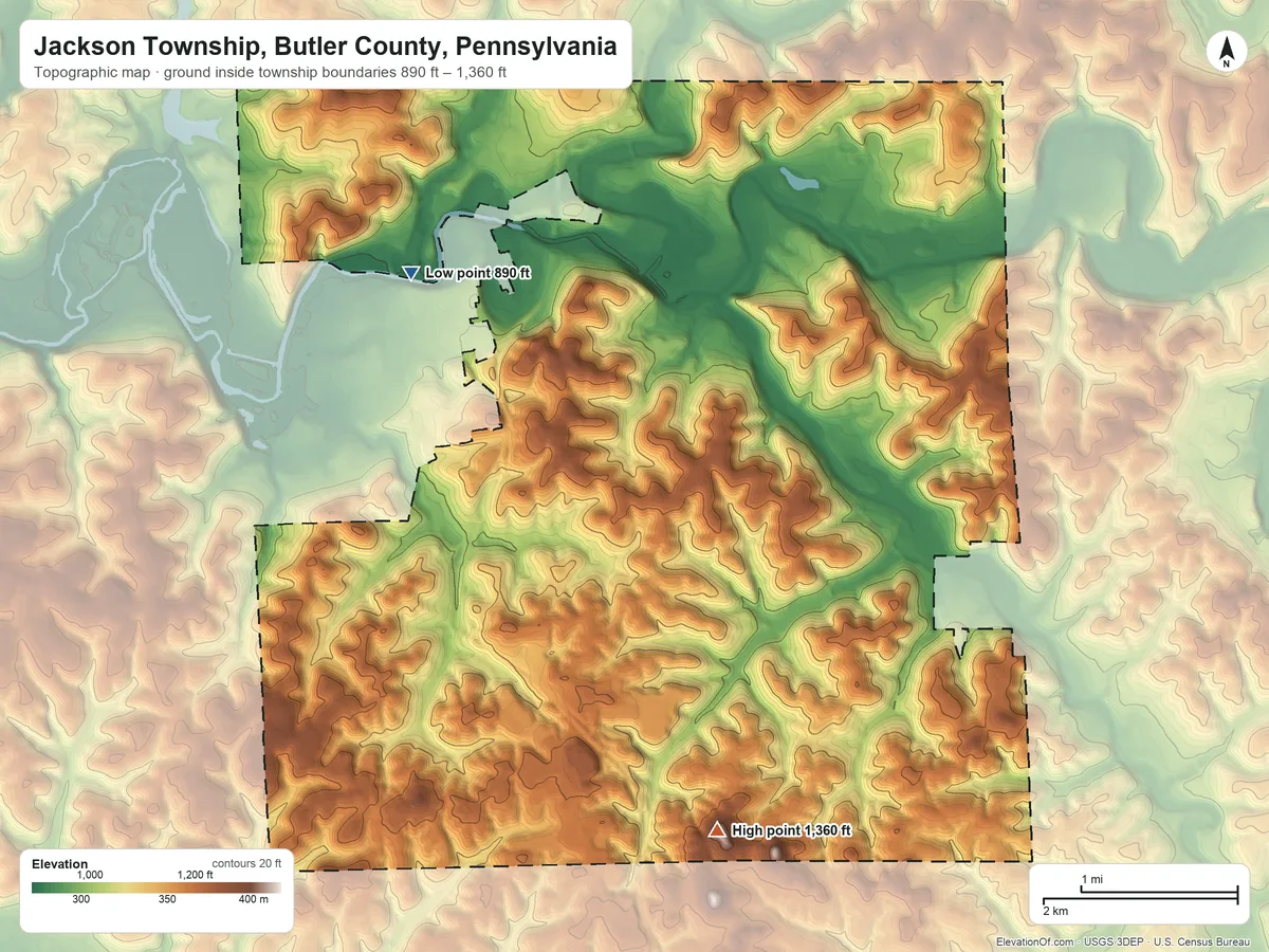 Topographic elevation map of Jackson Township, Butler County, Pennsylvania, shaded from 890 ft on the northwest side to 1,360 ft on the southeast side