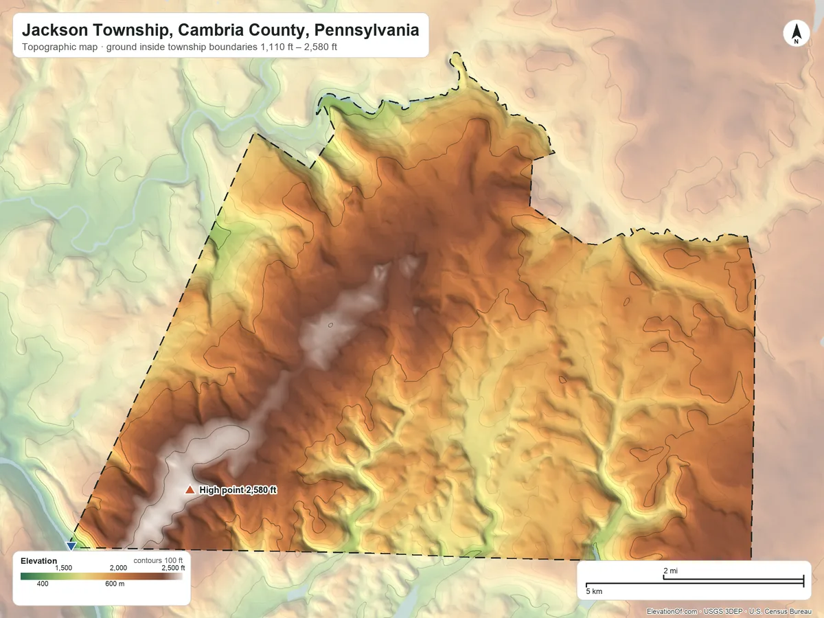 Topographic elevation map of Jackson Township, Cambria County, Pennsylvania, shaded from 1,110 ft on the west side to 2,580 ft on Rager Mountain