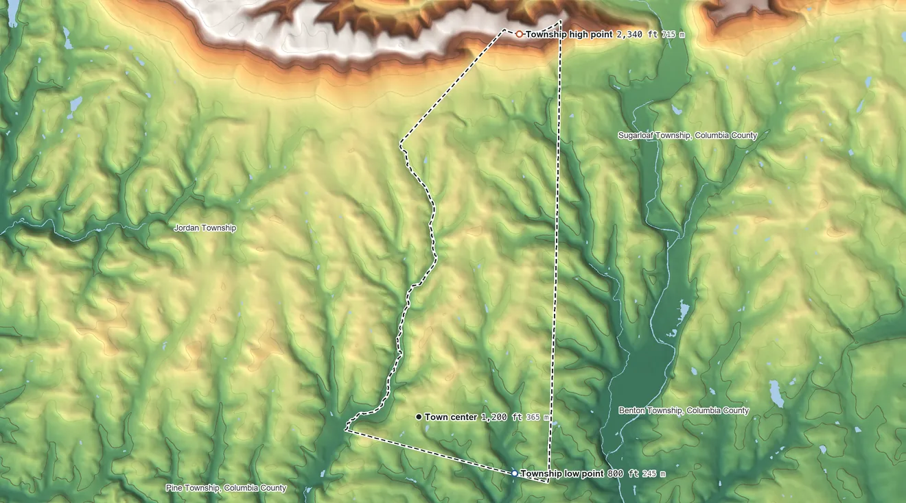 Topographic elevation map of Jackson Township, Columbia County, Pennsylvania, shaded from 800 ft on the southeast side to 2,340 ft on the north side