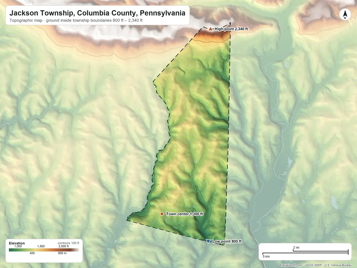 Topographic elevation map of Jackson Township, Columbia County, Pennsylvania, shaded from 800 ft on the southeast side to 2,340 ft on the north side