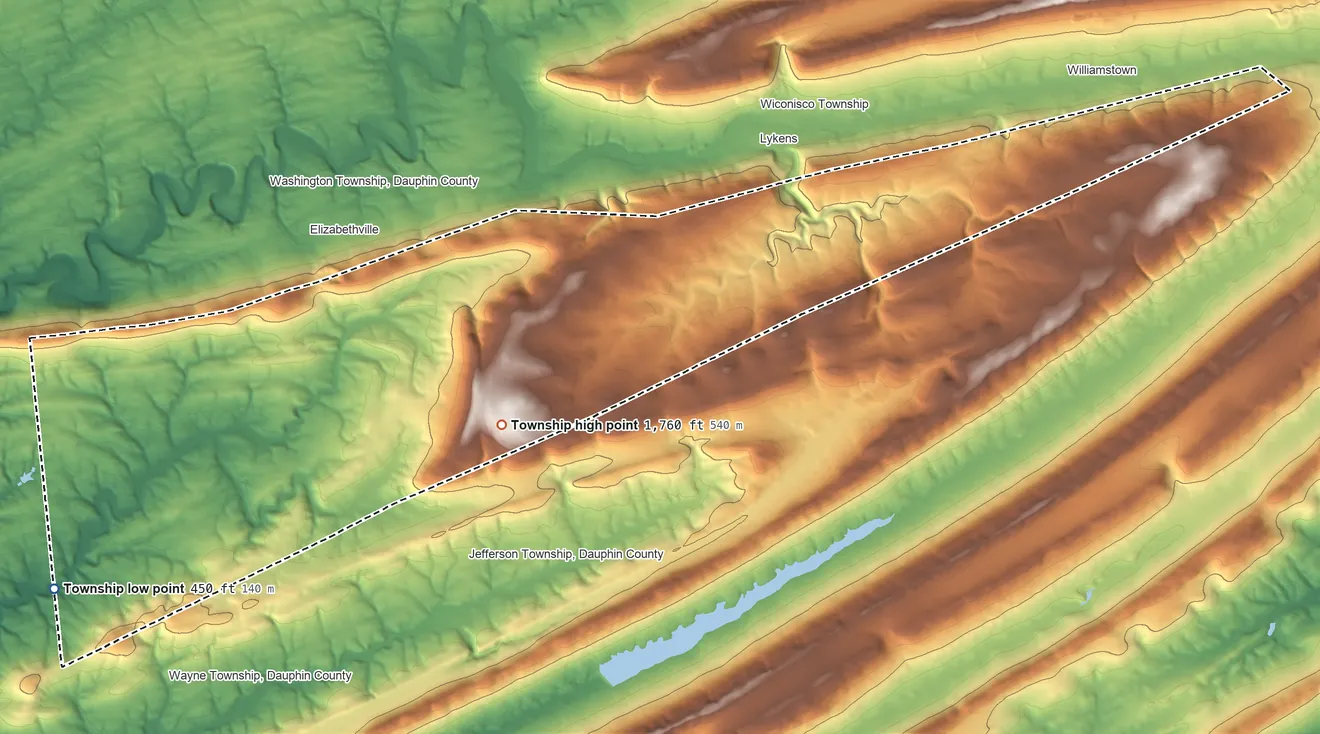 Topographic elevation map of Jackson Township, Dauphin County, Pennsylvania, shaded from 450 ft on the southwest side to 1,760 ft on Broad Mountain