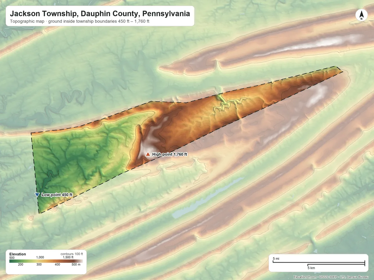Topographic elevation map of Jackson Township, Dauphin County, Pennsylvania, shaded from 450 ft on the southwest side to 1,760 ft on Broad Mountain