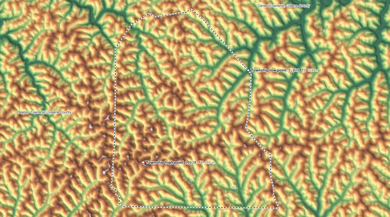 Topographic elevation map of Jackson Township, Greene County, Pennsylvania, shaded from 1,020 ft on the northeast side to 1,620 ft on the southwest side