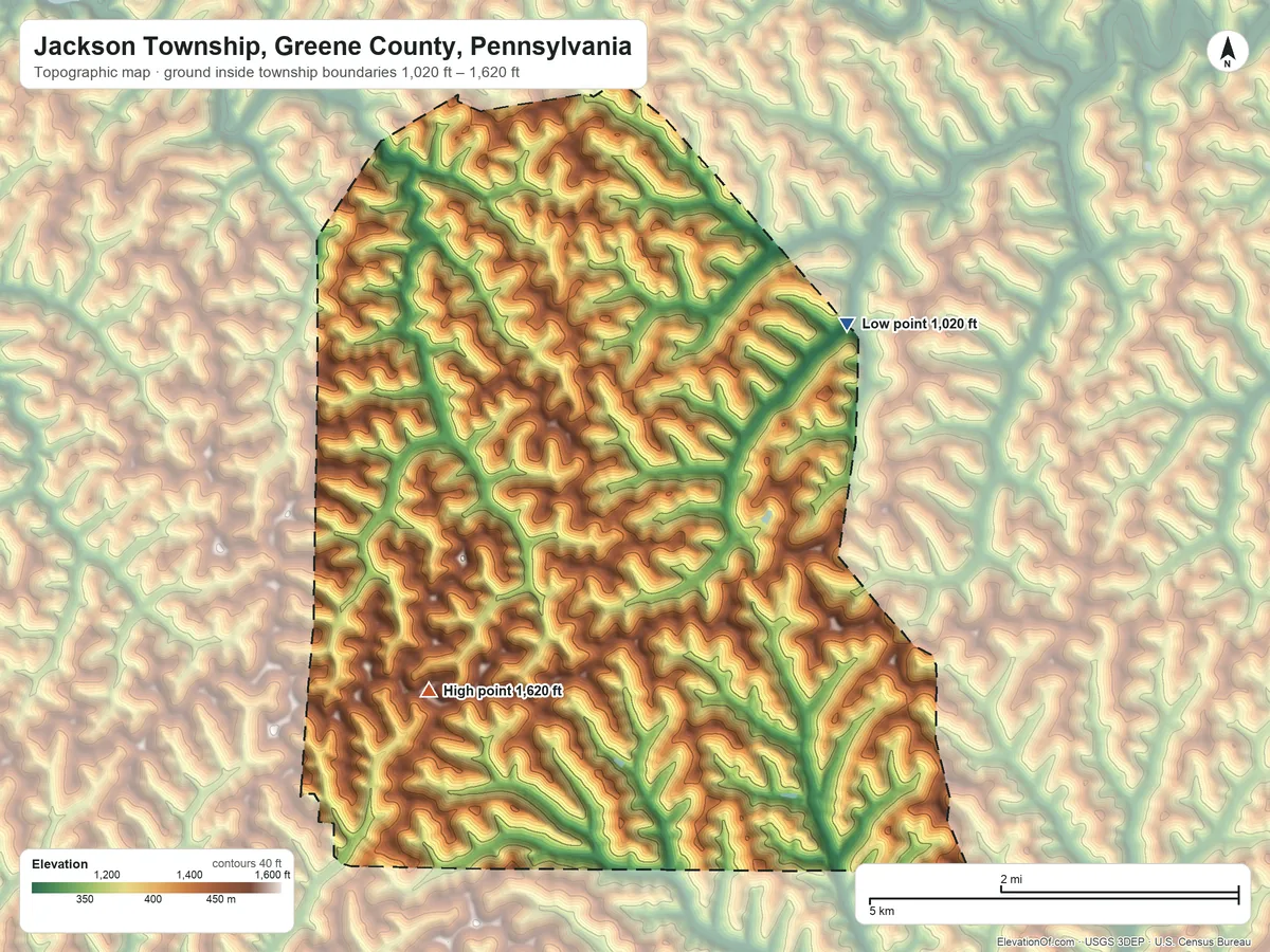 Topographic elevation map of Jackson Township, Greene County, Pennsylvania, shaded from 1,020 ft on the northeast side to 1,620 ft on the southwest side