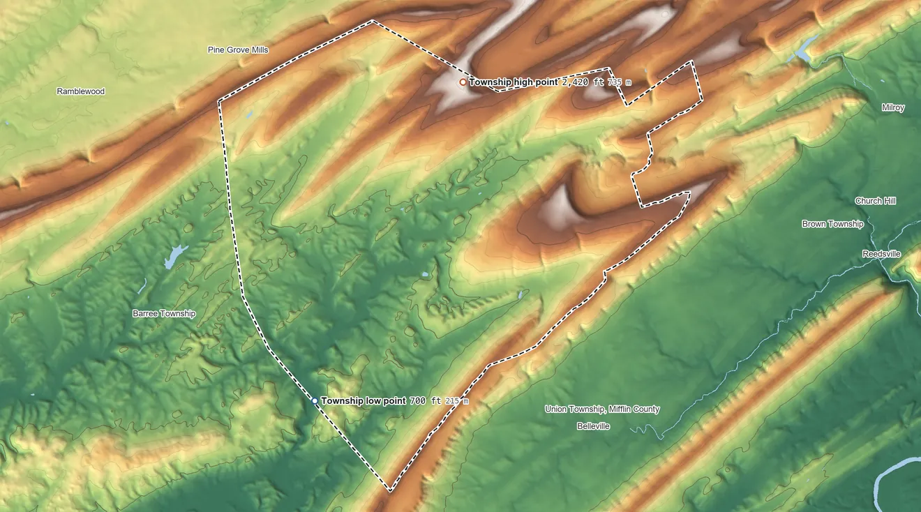 Topographic elevation map of Jackson Township, Huntingdon County, Pennsylvania, shaded from 700 ft on the south side to 2,420 ft on Greenlee Mountain
