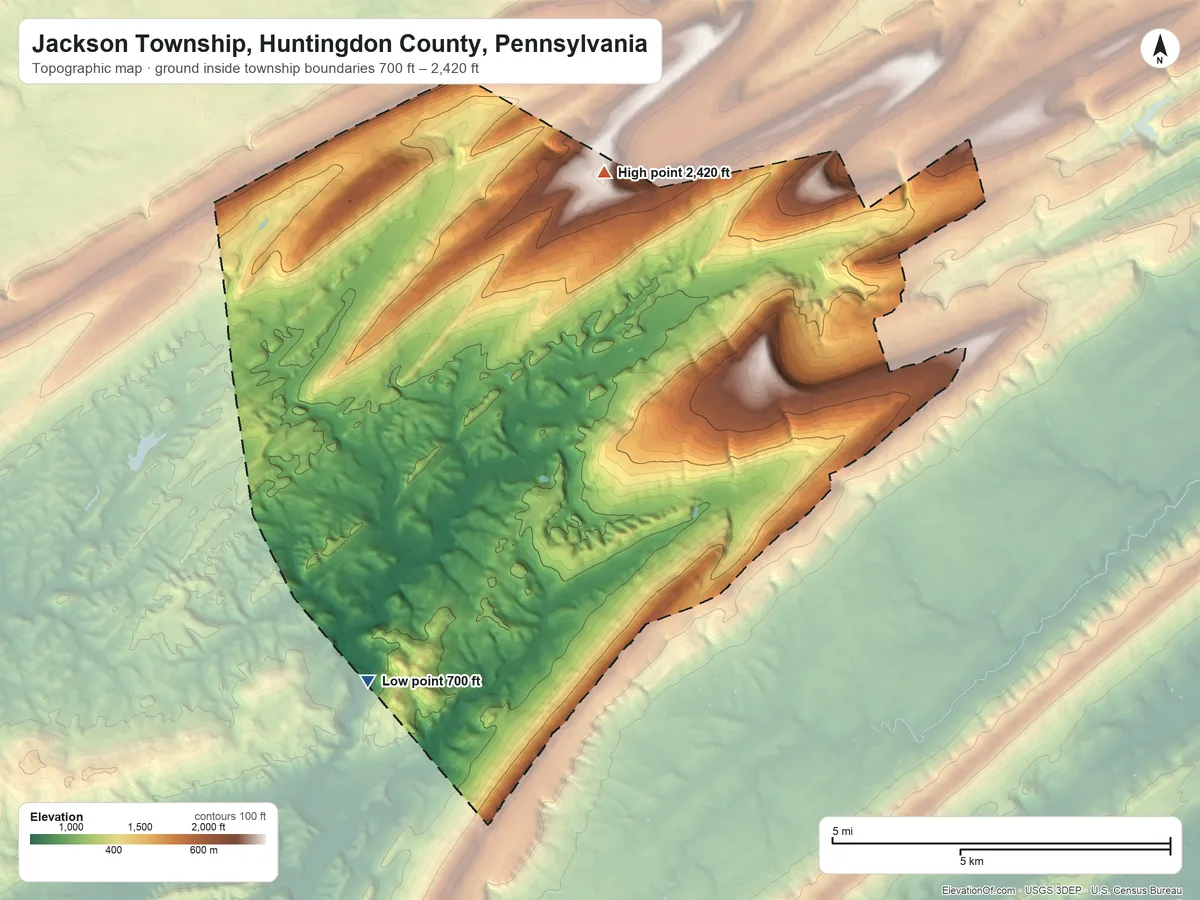 Topographic elevation map of Jackson Township, Huntingdon County, Pennsylvania, shaded from 700 ft on the south side to 2,420 ft on Greenlee Mountain