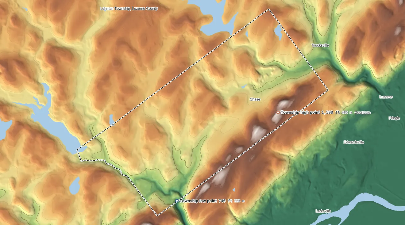 Topographic elevation map of Jackson Township, Luzerne County, Pennsylvania, shaded from 740 ft on the south side to 1,590 ft on Larksville Mountain
