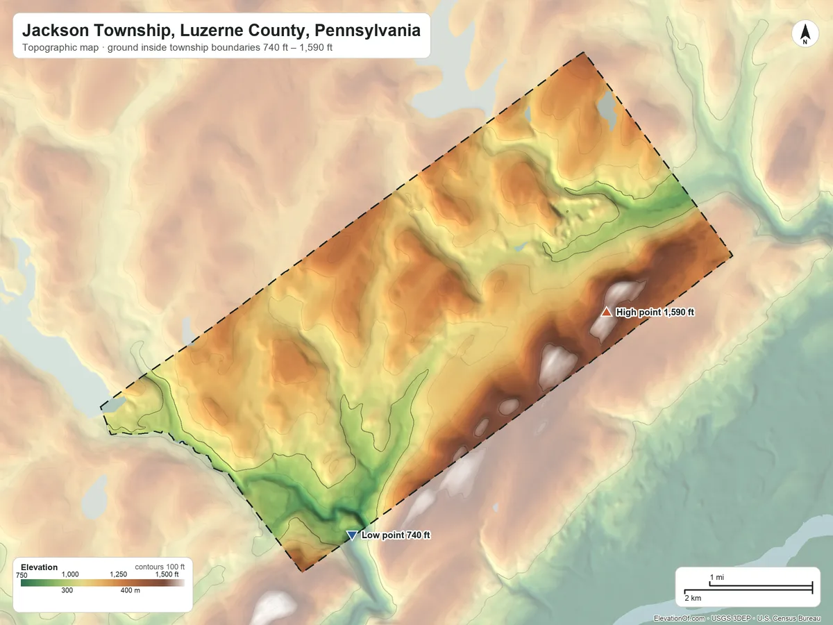 Topographic elevation map of Jackson Township, Luzerne County, Pennsylvania, shaded from 740 ft on the south side to 1,590 ft on Larksville Mountain