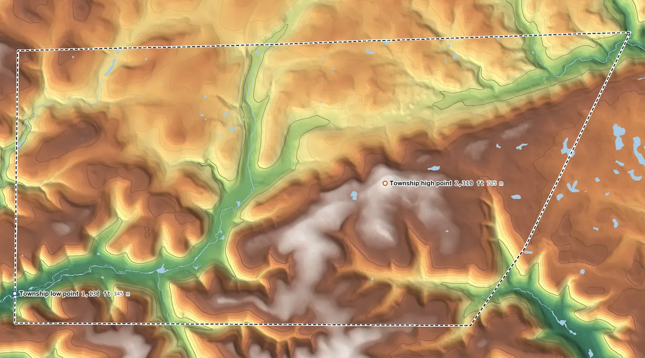 Topographic elevation map of Jackson Township, Lycoming County, Pennsylvania, shaded from 1,130 ft on the southwest side to 2,310 ft on Laurel Hill