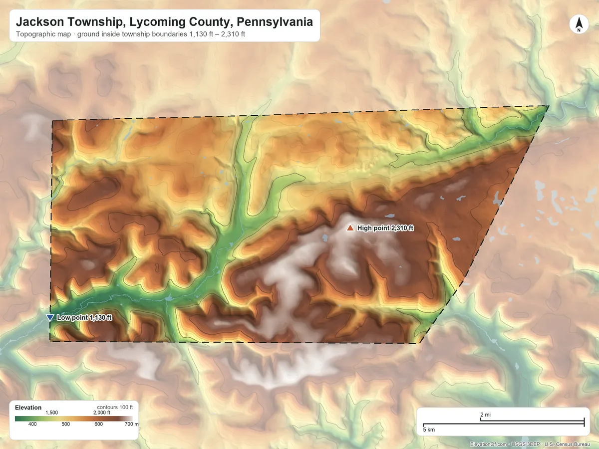 Topographic elevation map of Jackson Township, Lycoming County, Pennsylvania, shaded from 1,130 ft on the southwest side to 2,310 ft on Laurel Hill