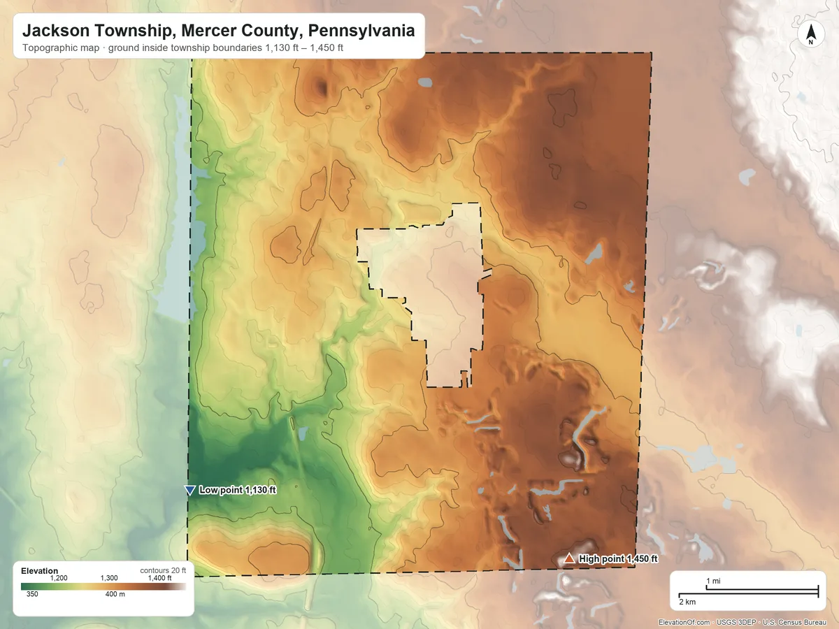 Topographic elevation map of Jackson Township, Mercer County, Pennsylvania, shaded from 1,130 ft on the southwest side to 1,450 ft on the southeast side