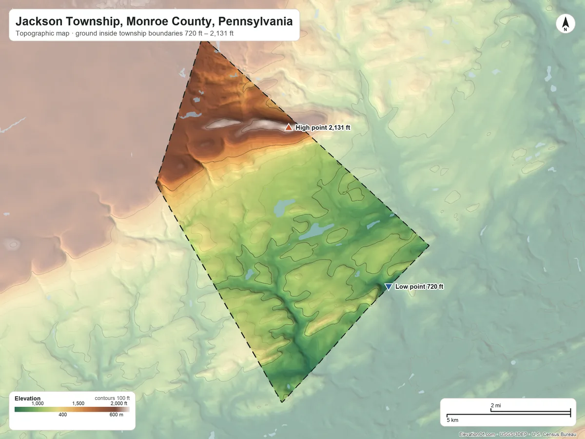 Topographic elevation map of Jackson Township, Monroe County, Pennsylvania, shaded from 720 ft on the southeast side to 2,131 ft on Camelback Mountain