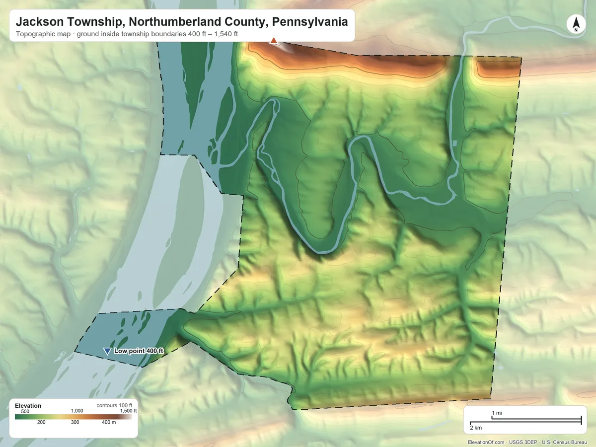 Topographic elevation map of Jackson Township, Northumberland County, Pennsylvania, shaded from 400 ft on the southwest side to 1,540 ft on the northwest side