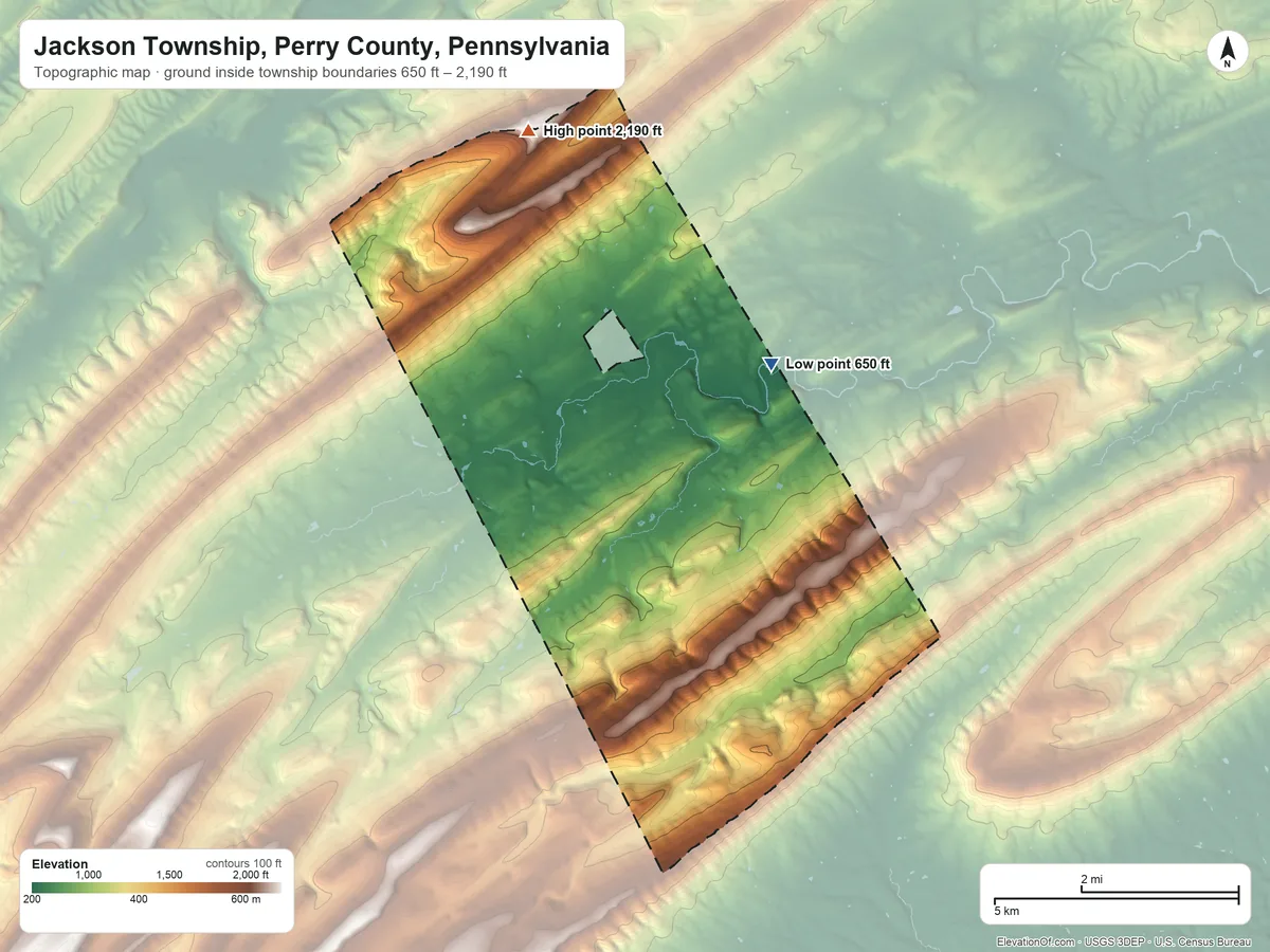 Topographic elevation map of Jackson Township, Perry County, Pennsylvania, shaded from 650 ft on the east side to 2,190 ft on the north side
