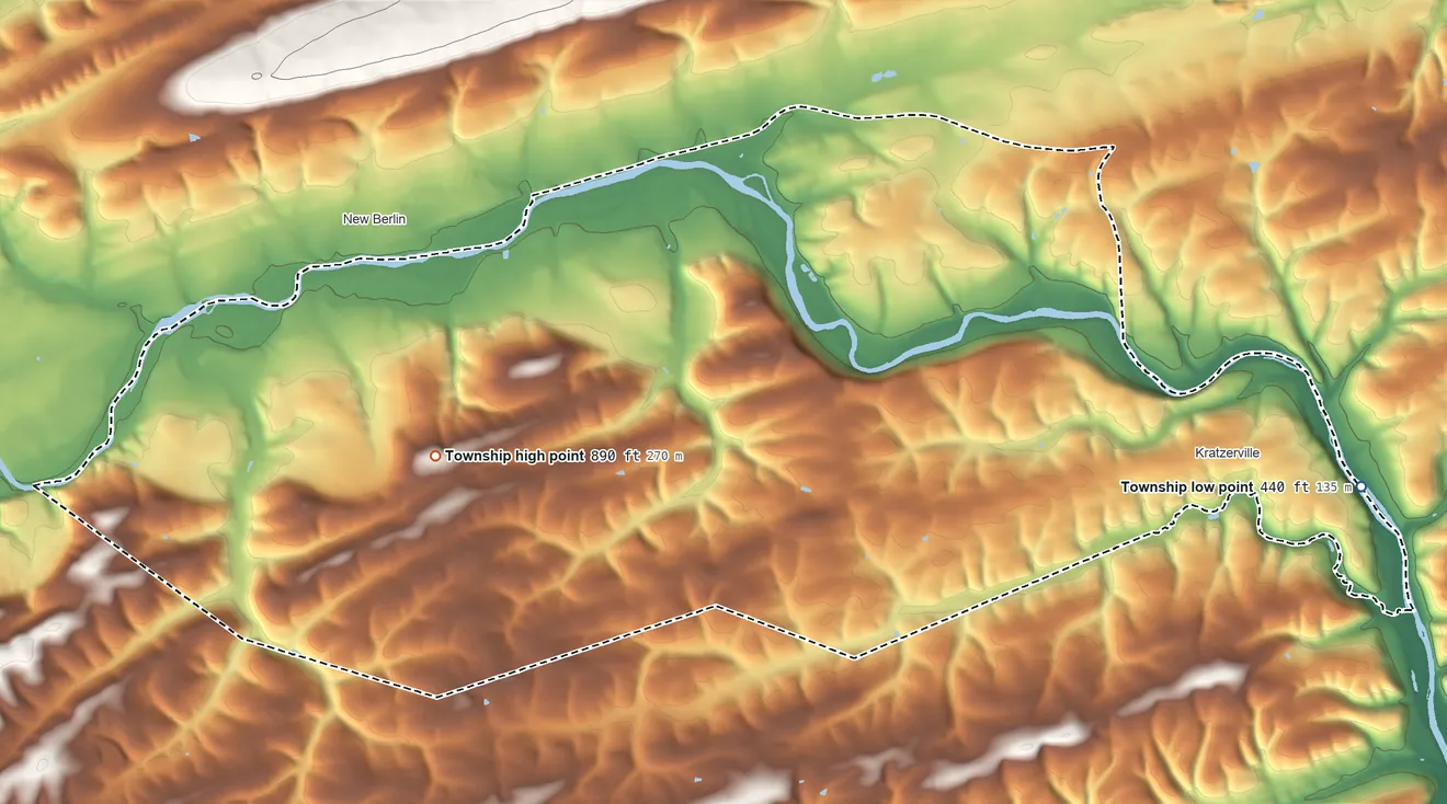 Topographic elevation map of Jackson Township, Snyder County, Pennsylvania, shaded from 440 ft on the east side to 890 ft on the west side