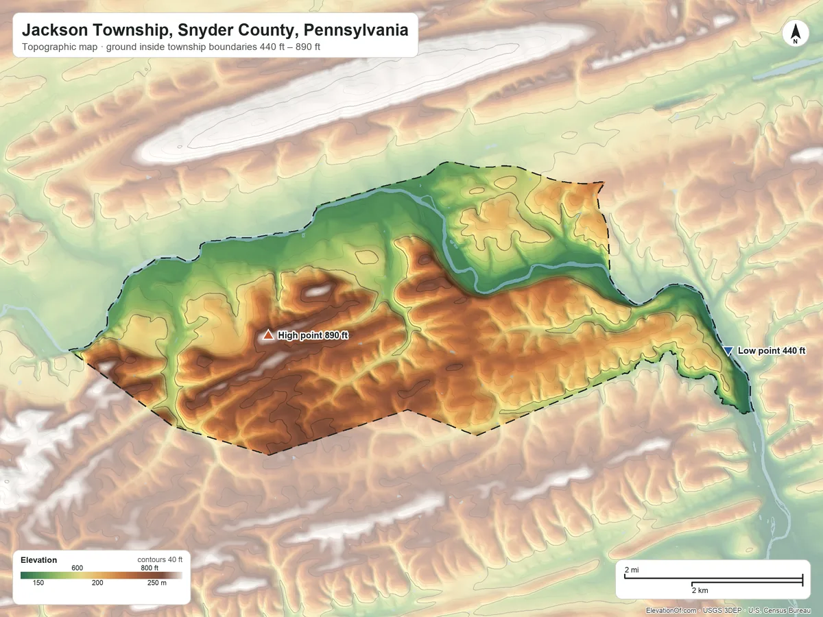 Topographic elevation map of Jackson Township, Snyder County, Pennsylvania, shaded from 440 ft on the east side to 890 ft on the west side