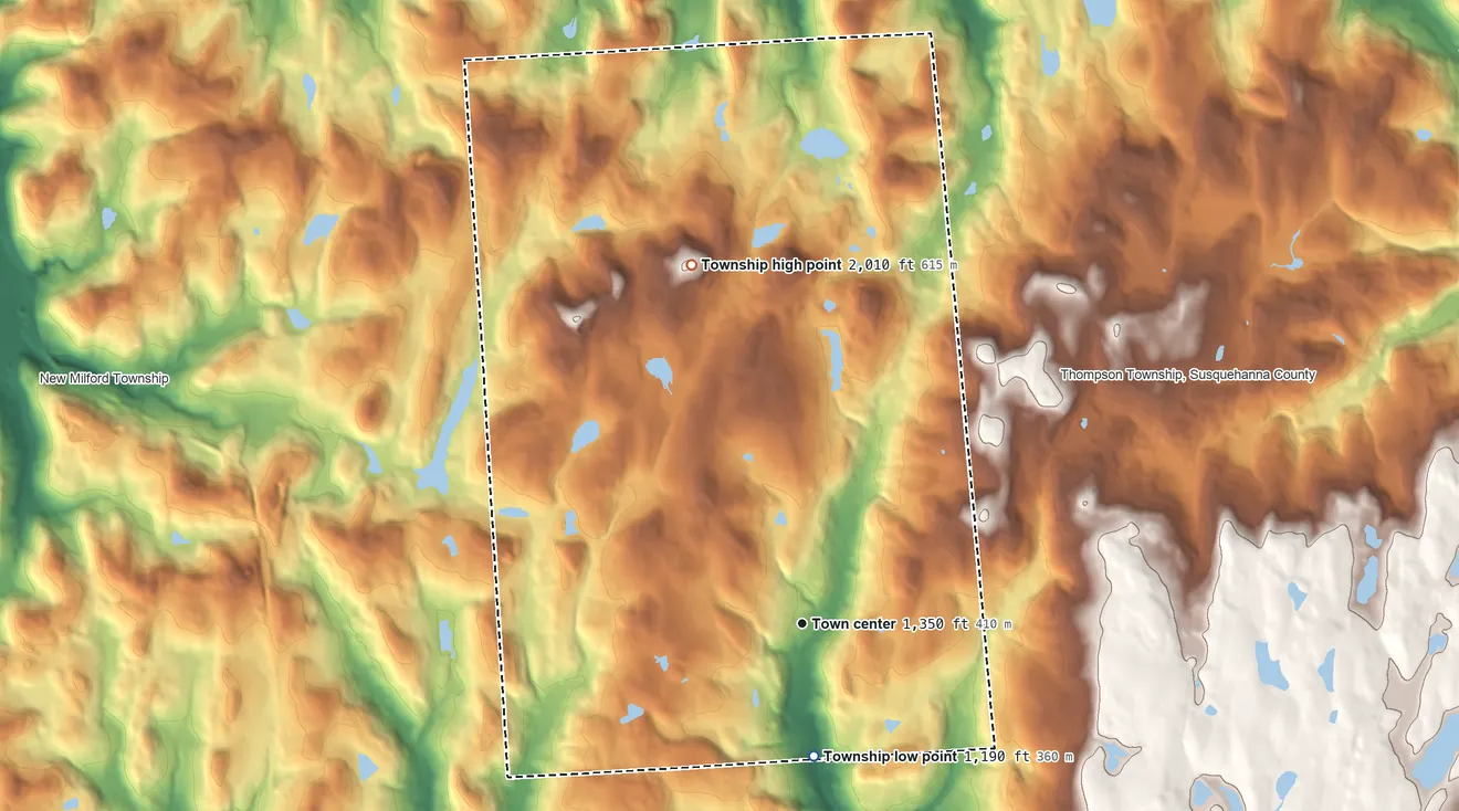 Topographic elevation map of Jackson Township, Susquehanna County, Pennsylvania, shaded from 1,190 ft on the south side to 2,010 ft on the north side