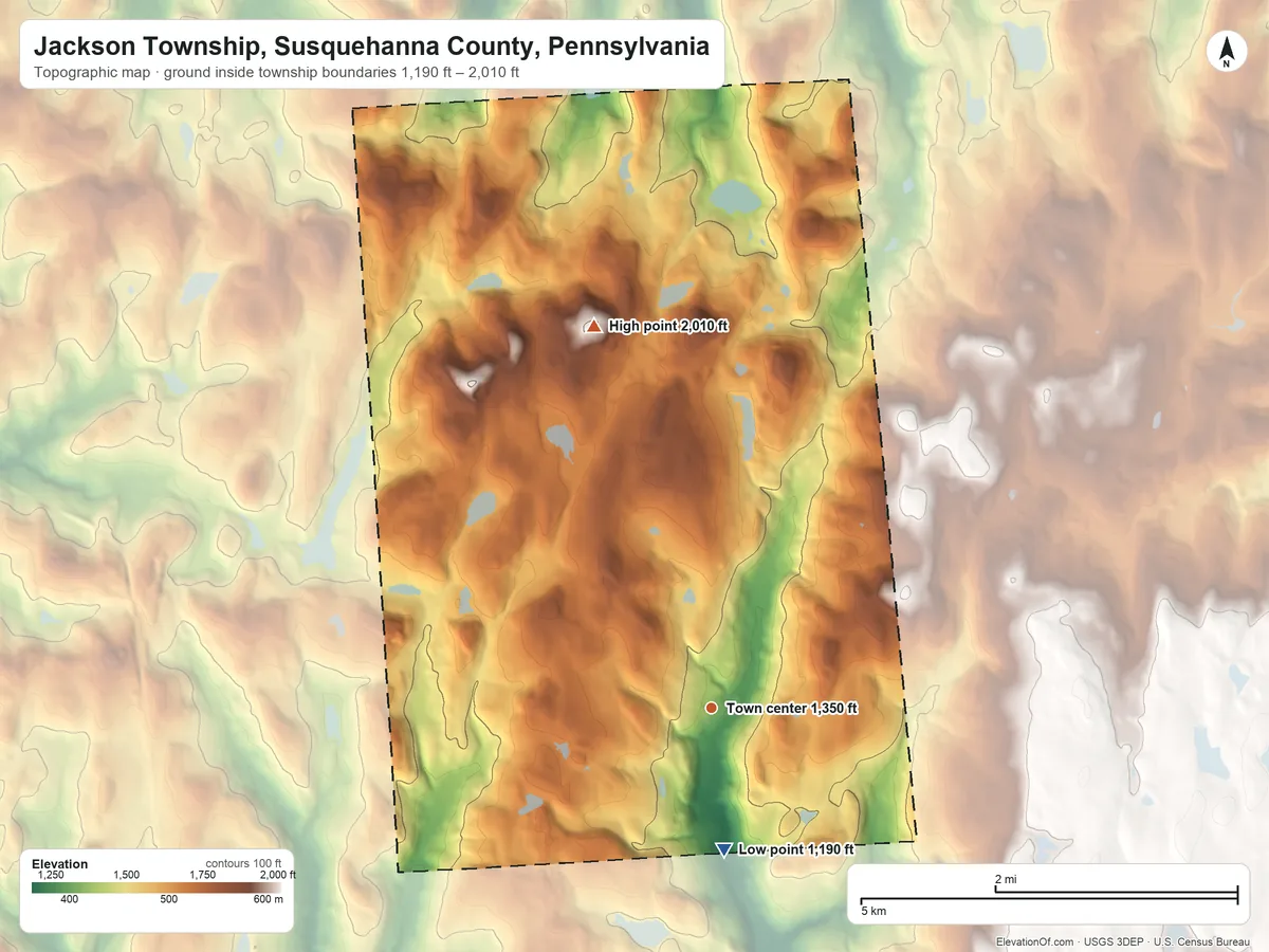 Topographic elevation map of Jackson Township, Susquehanna County, Pennsylvania, shaded from 1,190 ft on the south side to 2,010 ft on the north side
