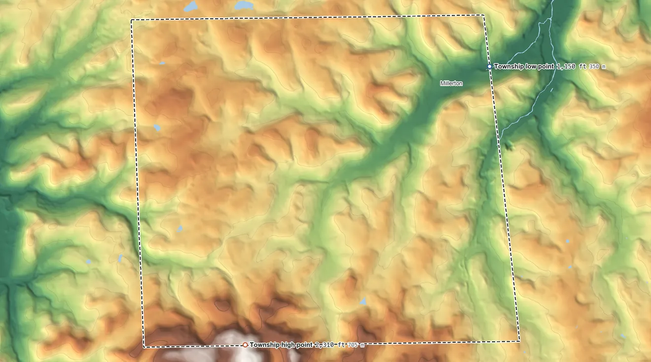 Topographic elevation map of Jackson Township, Tioga County, Pennsylvania, shaded from 1,150 ft on the northeast side to 2,310 ft on the southwest side