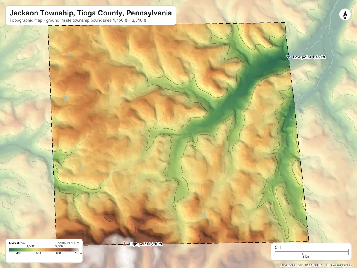 Topographic elevation map of Jackson Township, Tioga County, Pennsylvania, shaded from 1,150 ft on the northeast side to 2,310 ft on the southwest side