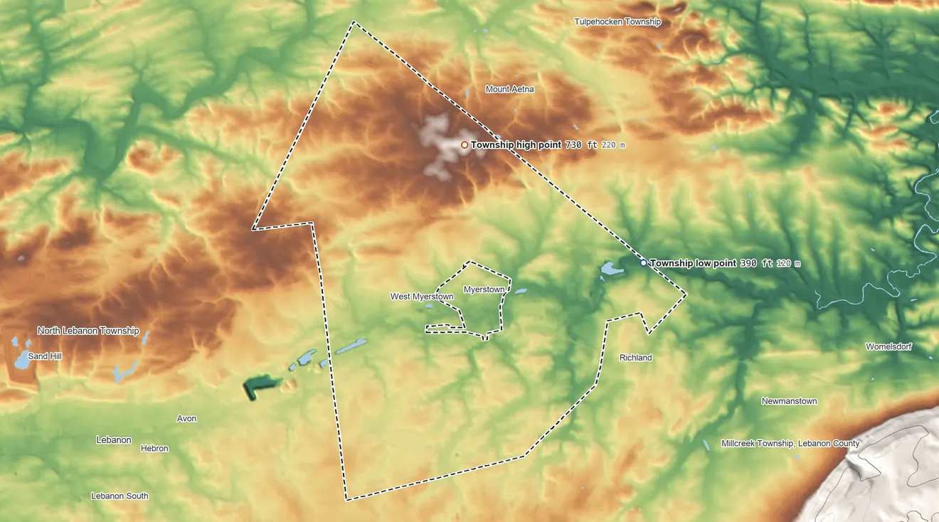Topographic elevation map of Jackson Township, Pennsylvania, shaded from 390 ft on the east side to 730 ft on the north side