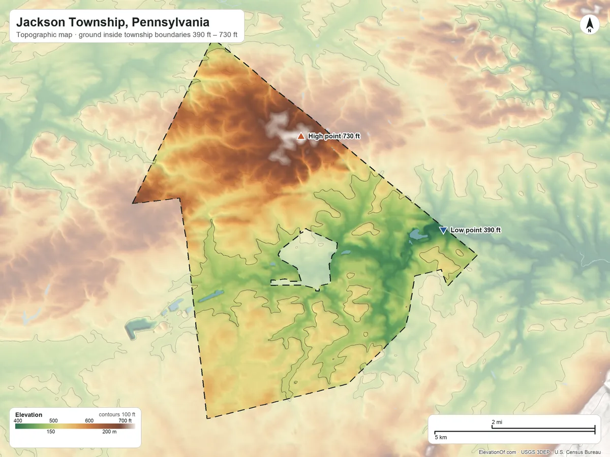 Topographic elevation map of Jackson Township, Pennsylvania, shaded from 390 ft on the east side to 730 ft on the north side
