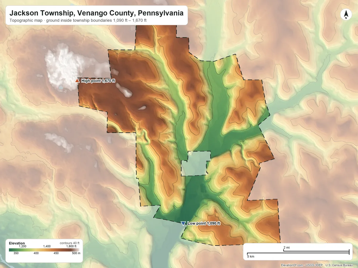 Topographic elevation map of Jackson Township, Venango County, Pennsylvania, shaded from 1,090 ft on the south side to 1,670 ft on the northwest side