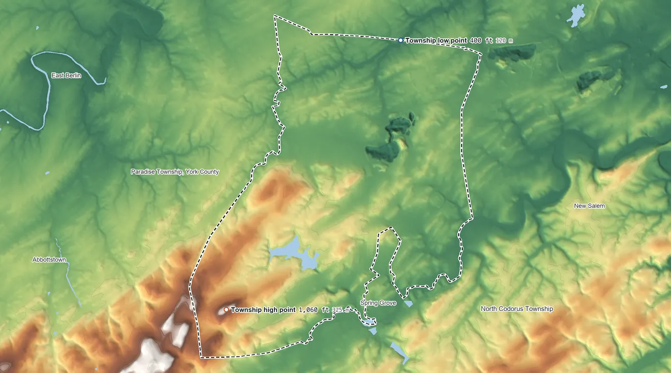 Topographic elevation map of Jackson Township, York County, Pennsylvania, shaded from 400 ft on the north side to 1,060 ft on the southwest side
