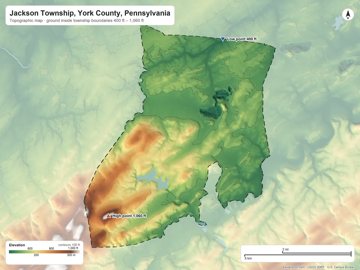 Topographic elevation map of Jackson Township, York County, Pennsylvania, shaded from 400 ft on the north side to 1,060 ft on the southwest side