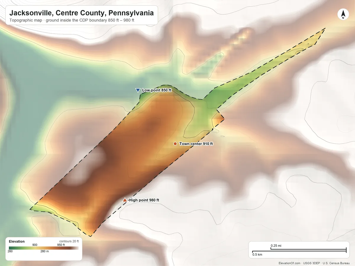 Topographic elevation map of Jacksonville, Centre County, Pennsylvania, shaded from 850 ft on the northwest side to 980 ft on the southwest edge, below higher ground just outside