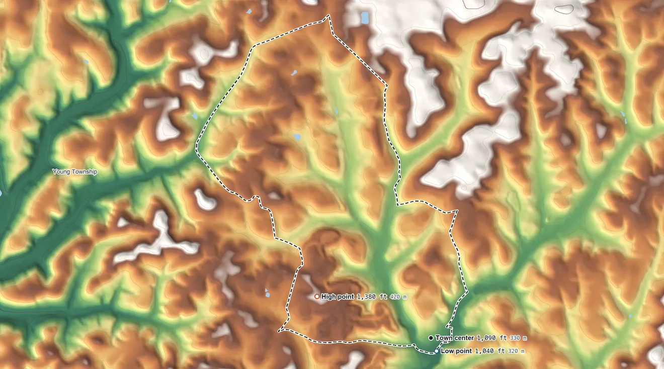 Topographic elevation map of Jacksonville, Pennsylvania, shaded from 1,040 ft near the middle to 1,380 ft on the west side