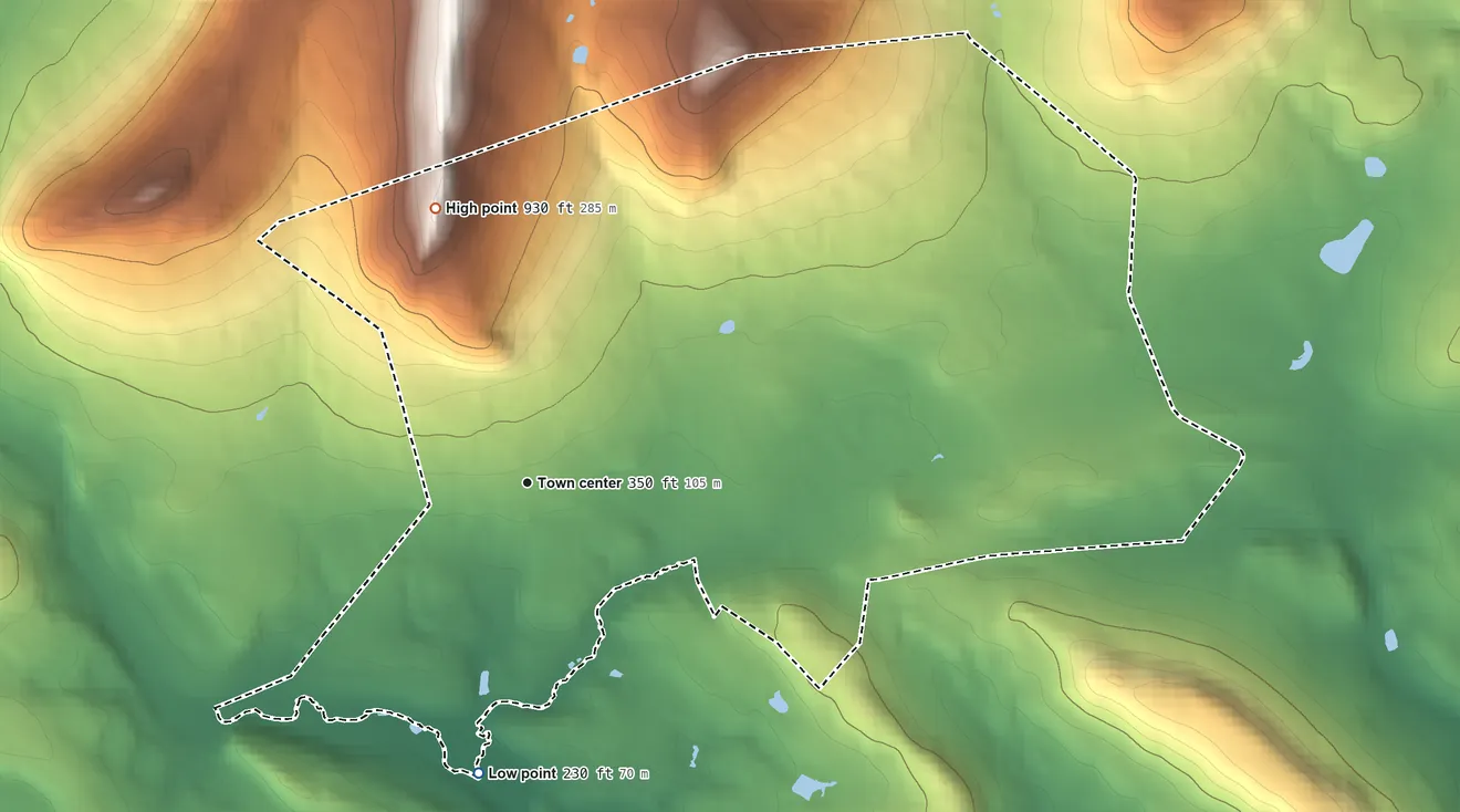 Topographic elevation map of Jacksonwald, Pennsylvania, shaded from 230 ft on the south side to 930 ft on the north side