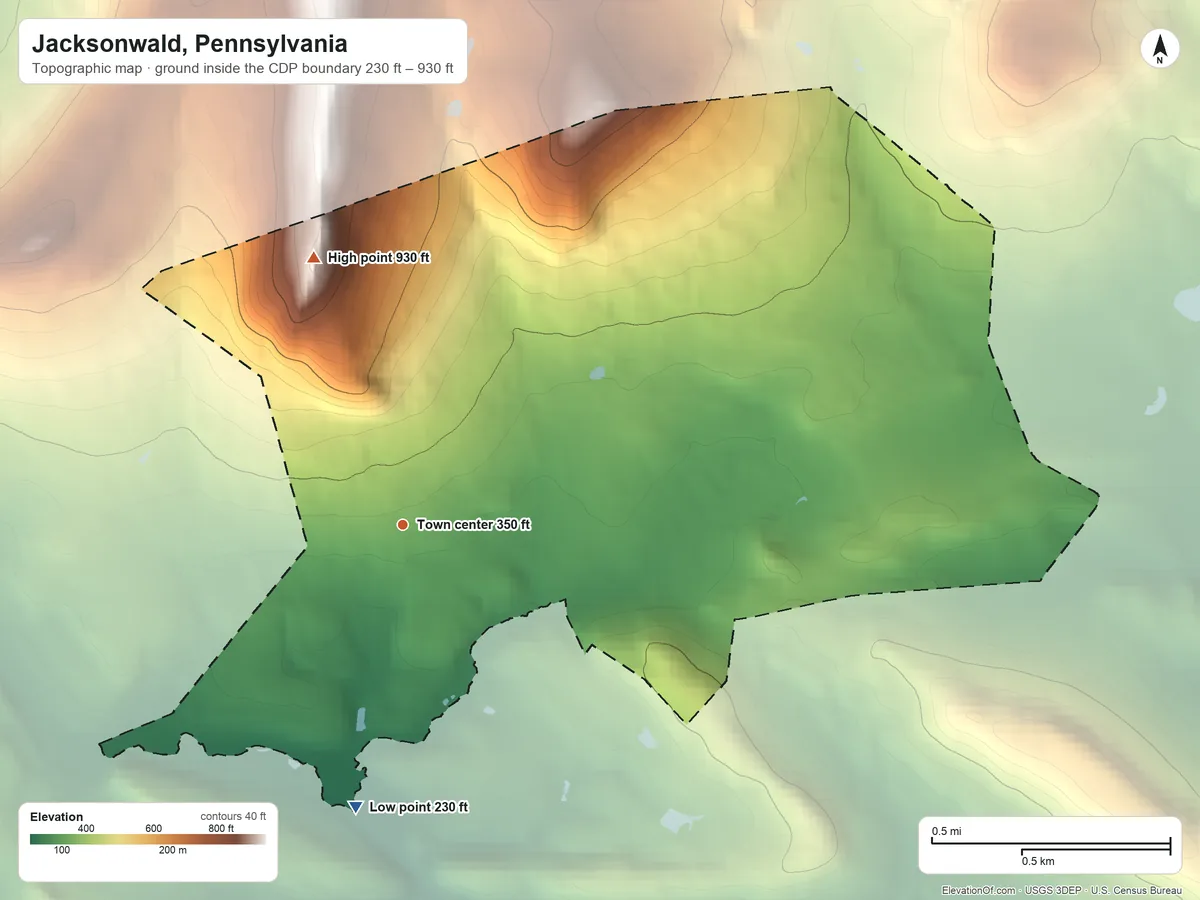 Topographic elevation map of Jacksonwald, Pennsylvania, shaded from 230 ft on the south side to 930 ft on the north side