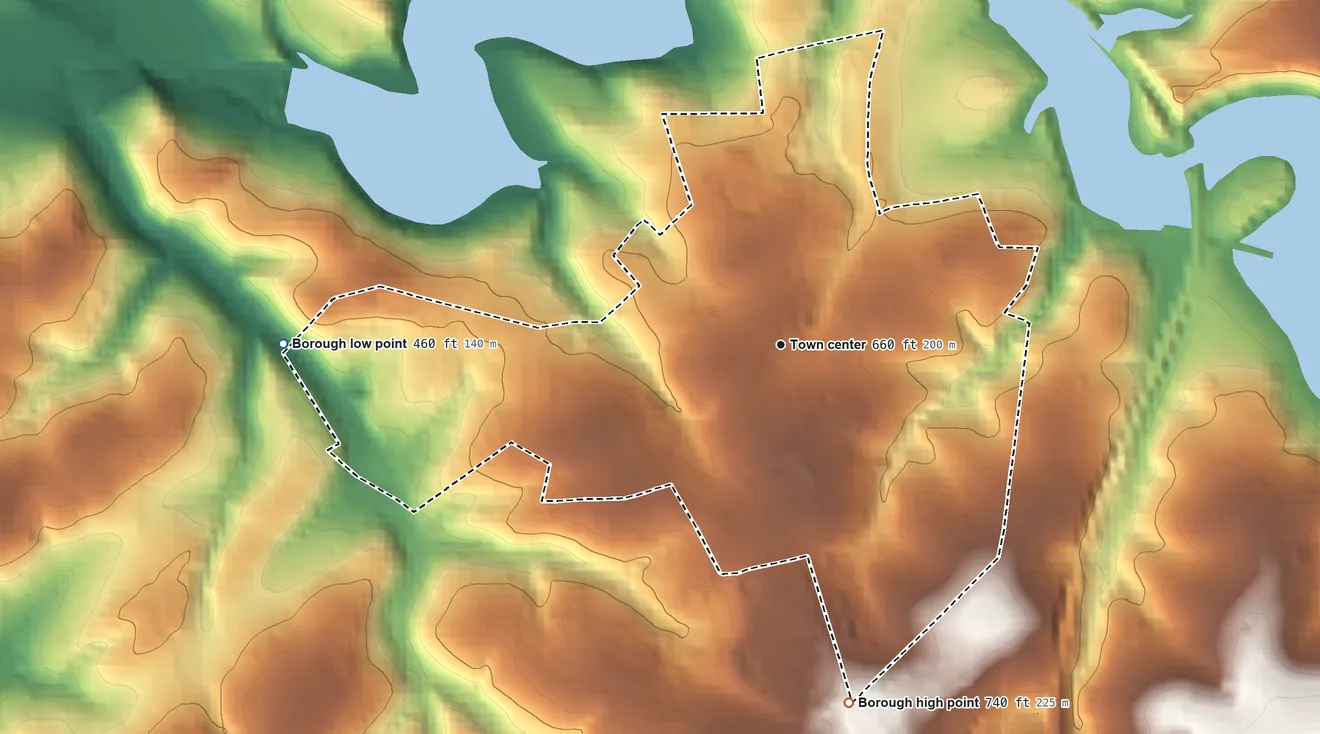 Topographic elevation map of Jacobus, Pennsylvania, shaded from 460 ft on the west side to 740 ft on the south side
