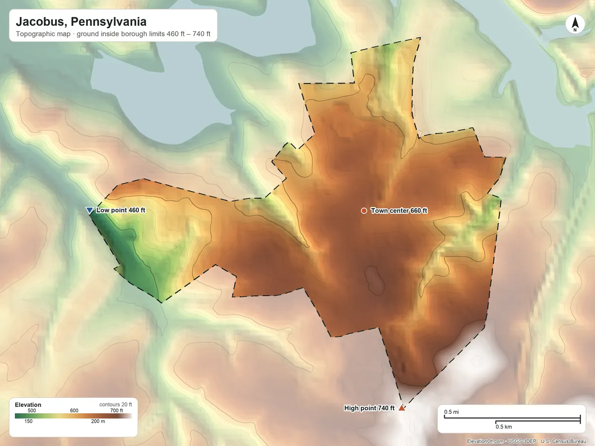 Topographic elevation map of Jacobus, Pennsylvania, shaded from 460 ft on the west side to 740 ft on the south side