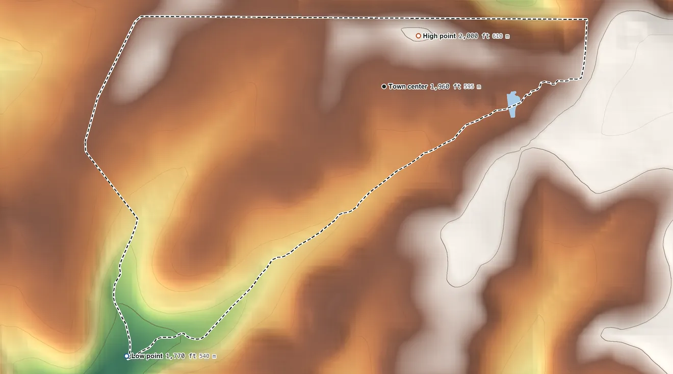 Topographic elevation map of James City, Pennsylvania, shaded from 1,770 ft on the southwest side to 2,000 ft on the northeast side