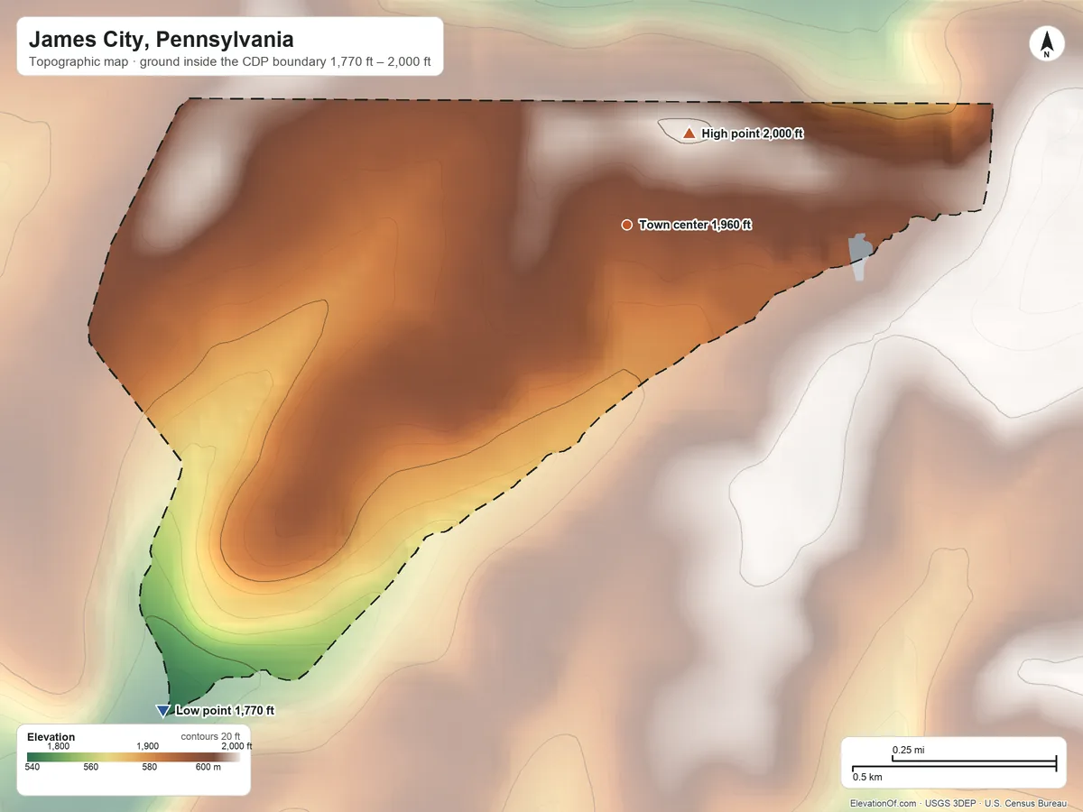 Topographic elevation map of James City, Pennsylvania, shaded from 1,770 ft on the southwest side to 2,000 ft on the northeast side